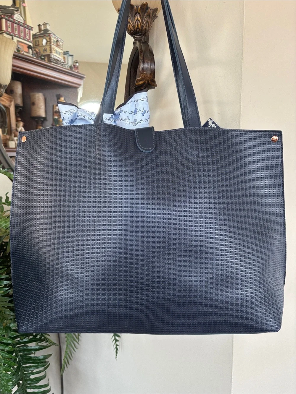 Chic Textured Navy Tote Shoulder Bag Tassel & Scarf Bow Laptop Office Snap Close